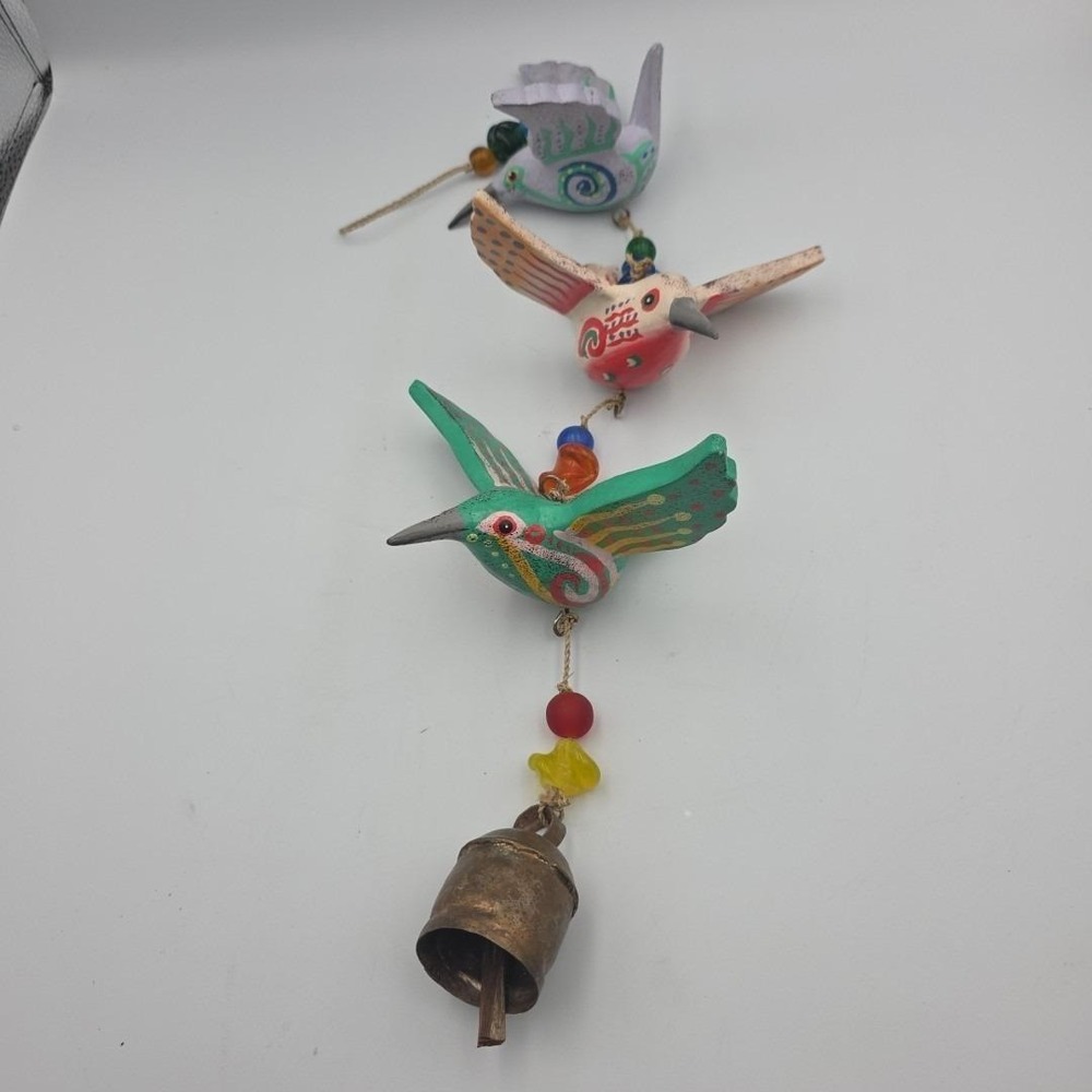 Vintage 3 Wooden Bird‎ And Copper Bell Christmas Ornaments Beaded Tree Decor